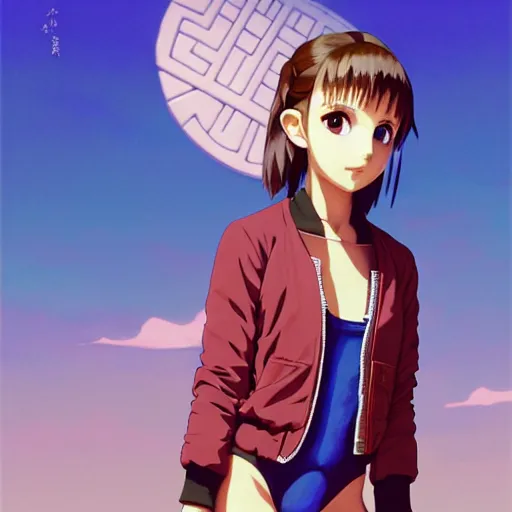 Image similar to beautiful boyish natalie portman gravure model in majora's mask, wearing big mayan bomber jacket with overalls and leotard, big bomber jacket with subtle mayan patterns, aztec bathing suit, gapmoe yandere grimdark, trending on pixiv fanbox, painted by greg rutkowski makoto shinkai takashi takeuchi studio ghibli, akihiko yoshida