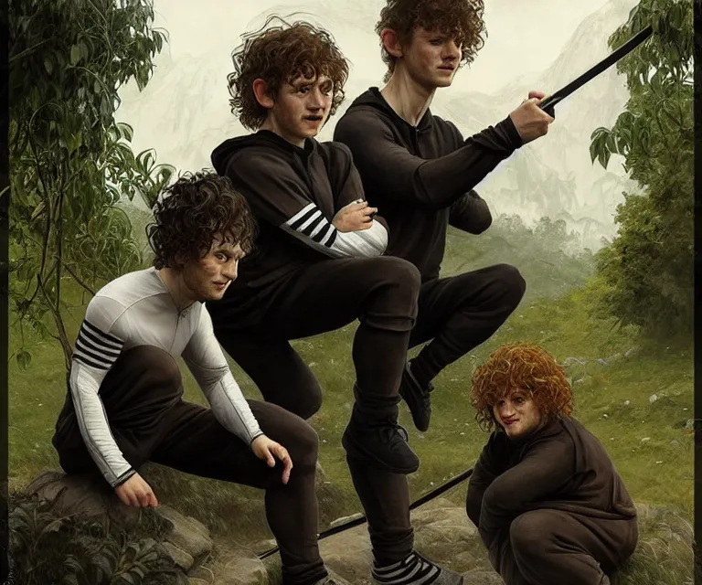 Image similar to portrait three hobbits as squatting slavs in black adidas track suits with white stripes down the leg, caricature, highly detailed, digital painting, artstation, concept art, sharp focus, cinematic lighting, illustration, art by met mangindaan, artgerm and greg rutkowski, alphonse mucha, cgsociety