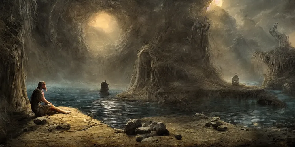 Image similar to a man sits at the edge of a river in the underworld in hades waiting for the ferryman charon, beksinksi, dariusz zawadzki