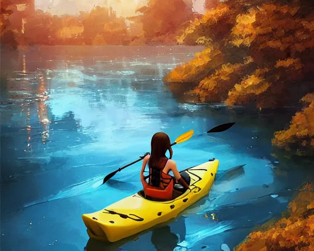 Image similar to a girl in a kayak in a river. blue water, atmospheric lighting. by makoto shinkai, stanley artgerm lau, wlop, rossdraws, james jean, andrei riabovitchev, marc simonetti, krenz cushart, sakimichan, d & d trending on artstation, digital art.