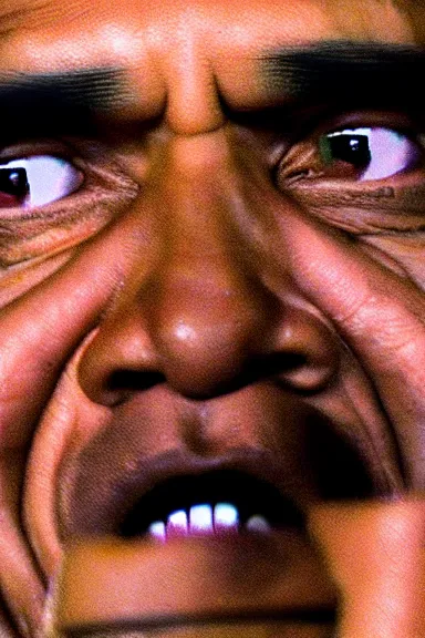 Prompt: a very close up fish eye lens photo of Obama up to his nose