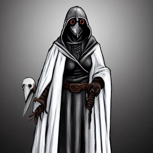 Image similar to female plague doctor donning a black hood, steel knightly armor and a white crow mask, trending on artstation