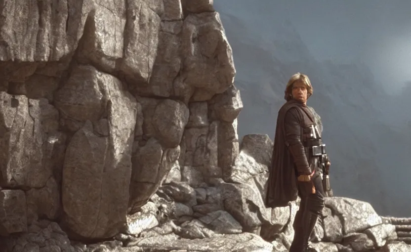 Image similar to screenshot portrait of Luke Skywalker, played by Mark Hammill, wearing deathtrooper armor, outside a rocky Jedi Temple scene from The Force Awakens, 1980s film by Stanley Kubrick, moody lighting, stunning cinematography, hyper-detailed, sharp, anamorphic lenses, kodak color film, 4k