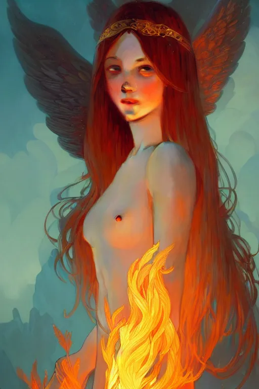 Image similar to a beautiful fire angel, fantasy, portrait, sharp focus, intricate, elegant, digital painting, artstation, matte, highly detailed, concept art, illustration, ambient lighting, art by ilya kuvshinov, artgerm, Alphonse mucha, and Greg Rutkowski