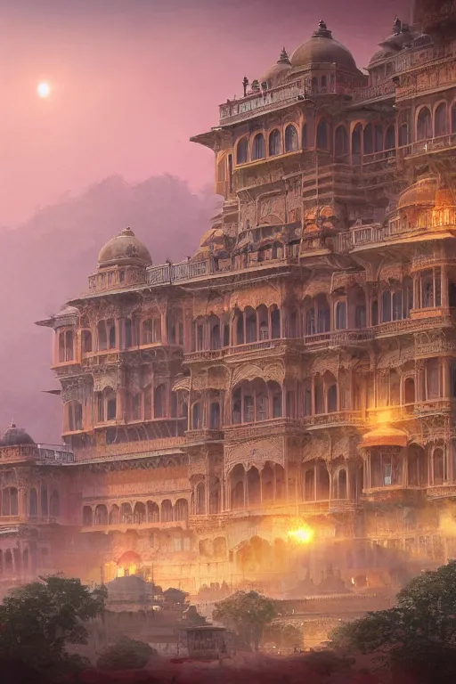 Image similar to old indian city with a breathtaking view of a magnificent maharajah palace at pink dawn, intricate, elegant, volumetric lighting, digital painting, highly detailed, artstation, sharp focus, illustration, concept art, ruan jia, steve mccurry