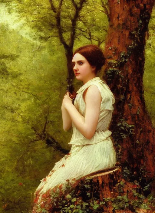 Prompt: closeup portrait of an attractive young lady wearing a floral dress, sitting on a treestump in the woods, by Jean-Leon Gerome