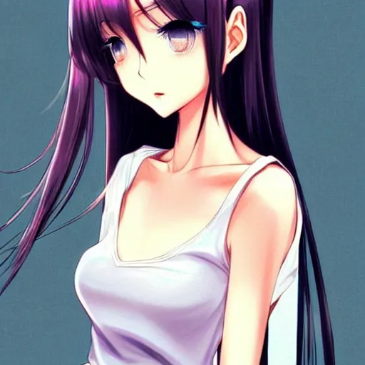 Image similar to attractive elegant sophisticated reservedyoung woman, slim figure, perfect silky straight hair, smooth tan skin, dark circles under bemused eyes, hip emo fashion, tshirt!!, shorts!!, illustrated for newtype magazine!! by range murata!!!, realistic anime style, pinterest, very interesting digital painting, beautiful portrait!!!