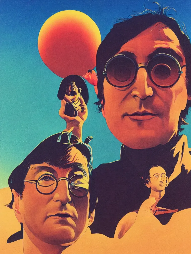 Prompt: a closeup portrait of john lennon next to a ufo, taking mind altering drugs, a blotter paper of lsd acid and dreaming psychedelic hallucinations in a vast desert landscape, by kawase hasui, moebius, edward hopper, colorful flat surreal design, dramatic lighting, hd, 8 k, artstation