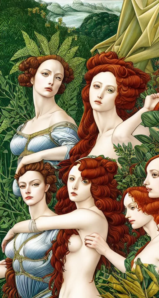 Image similar to three amazon queens, in a mixed style of Botticelli and Æon Flux, inspired by pre-raphaelite paintings and shoujo manga, surrounded by a misty jungle landscape, hyper detailed, stunning inking lines, flat colors, 4K photorealistic