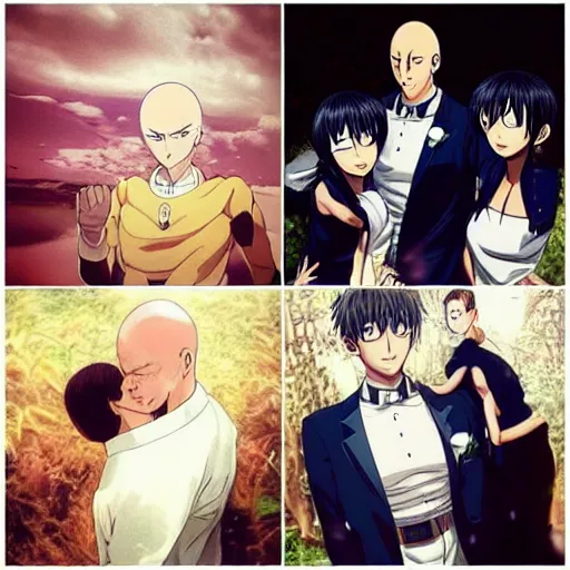 Prompt: saitama one punch man instagram couple's wedding photo shoot, perfect faces