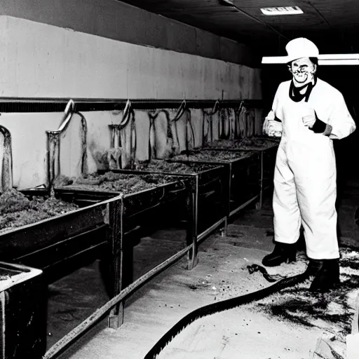 Image similar to ronald mcdonald working in a slaughterhouse.