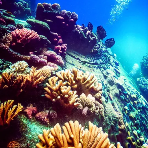 Prompt: the sydney opera house, underwater shot. coral reef. award-winning photography