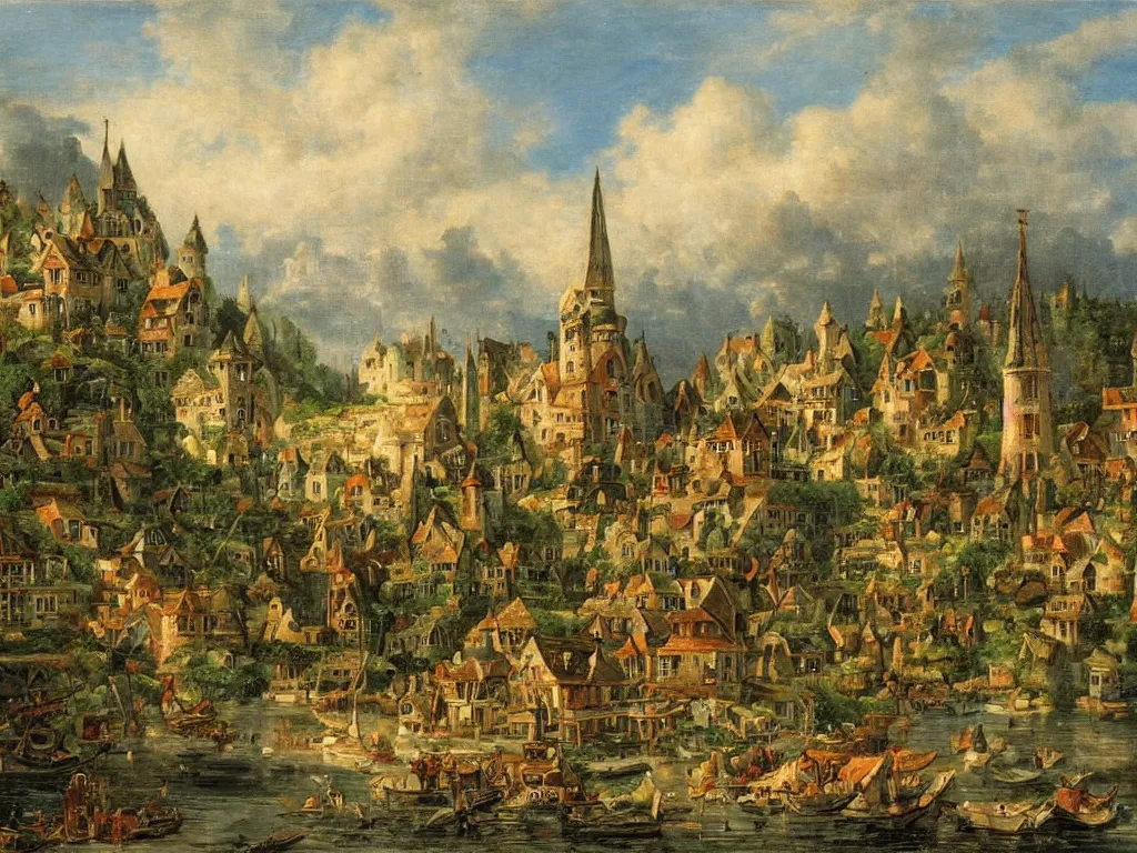 Image similar to a fantasy village, viewed from the harbor, by jean - baptist monge,