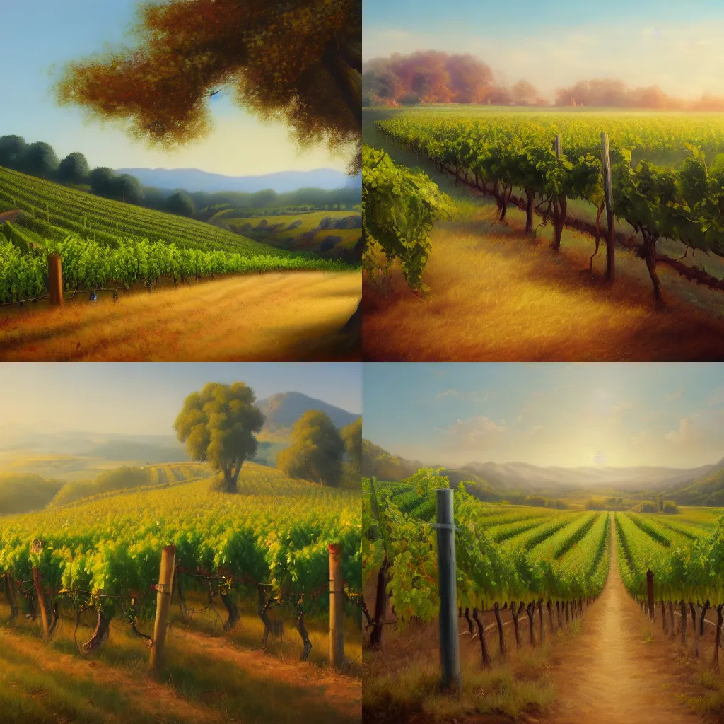 Image similar to trending on artstation, an idyllic vineyard, oil on canvas, matte painting