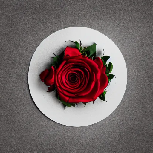 Prompt: red roses, laying on a vinyl record, dark photography