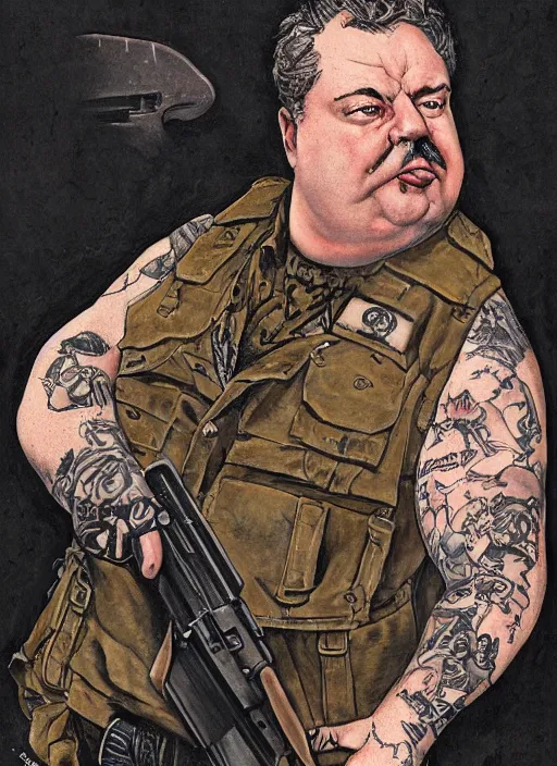 Prompt: gk chesterton as a buff mercenary with tattoos and a shotgun. portrait by james gurney.