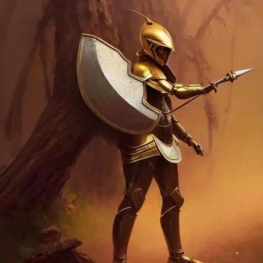 Prompt: photo of a humanoid ant - eater dressed in armor with a golden helmet on the head, hold sword in the forest, highly detailed, digital painting, artstation, smooth, sharp focus, illustration, art by artgerm and greg rutkowski and alphonse mucha
