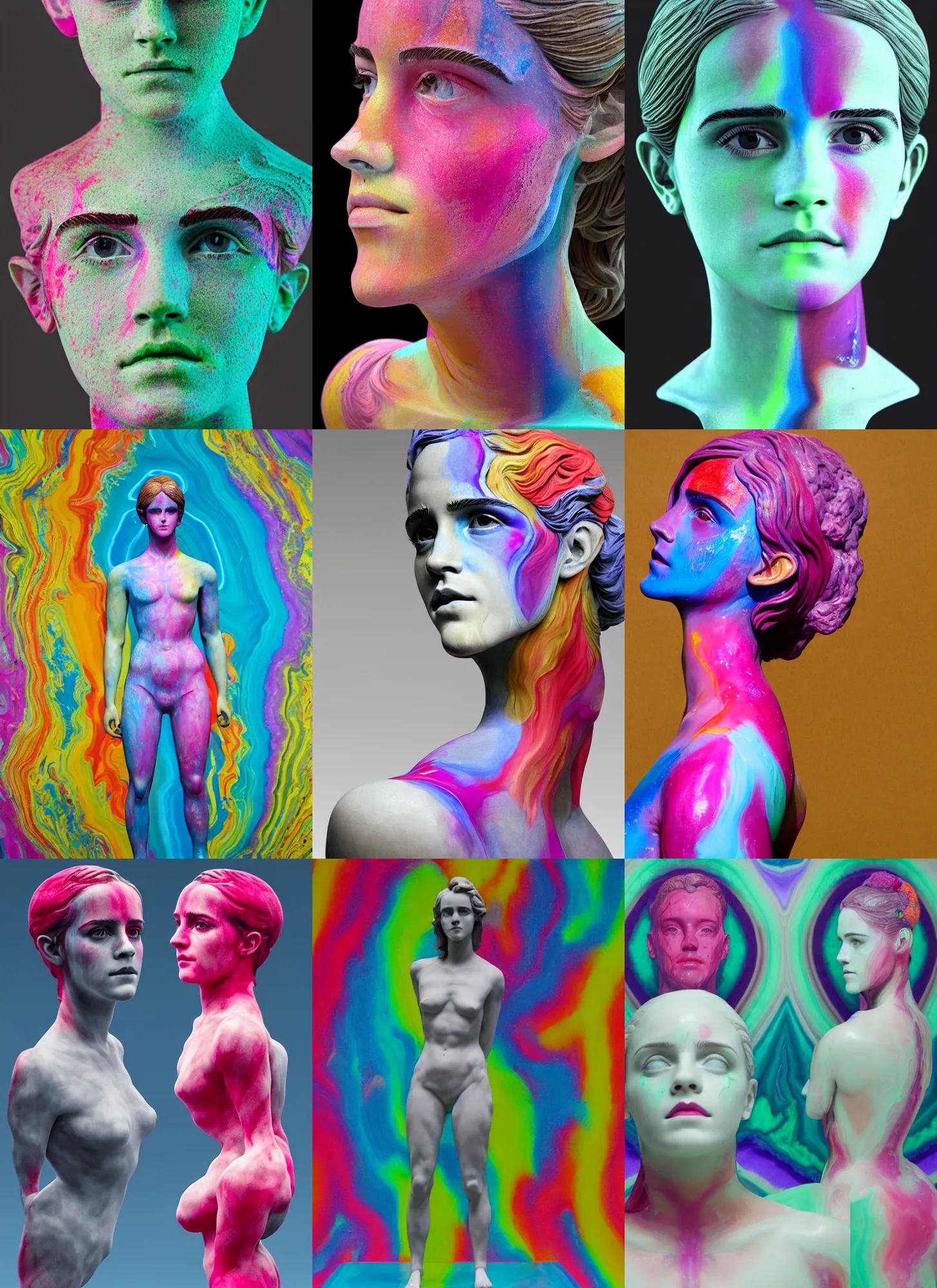 Prompt: 3D print marble sculpture of Emma Watson by Jean-Baptiste Carpeaux and Luo Li Rong and Michael James Talbot, standing posture hands behind back, perfect symmetrical face, colorful, bright psychedelic colors, bodypaint, acrylic paint splashes, full length shot, elegant, realistic, 8K, female full-skin figure, hyperrealism, subsurface scattering, raytracing, soft light, Octane Render, Redshift, Zbrush