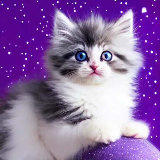 Image similar to cute fluffy kitten with purple cyan and white tabby fur and big eyes with night sky background