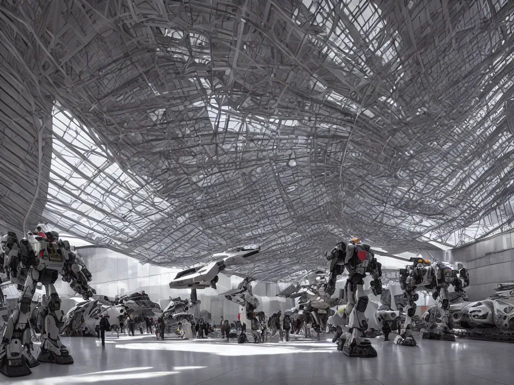 Image similar to a Photorealistic complex hyper detailed,hyper realistic bright interior atrium of a beautiful modern Mobile suit Mech Museum with huge Mechs on display by Santiago Calatrava,Beautiful dramatic moody tones and lighting,cinematic atmosphere,Octane Rendering,8K