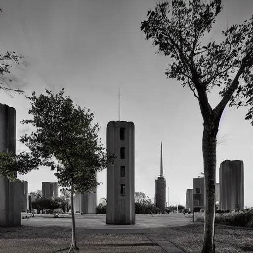 Prompt: a sci - fi beautiful brutalist hypermodern monument, with many rounded brutalist towers sprouting from the base tower creating a feel of a tree - like structure, photography