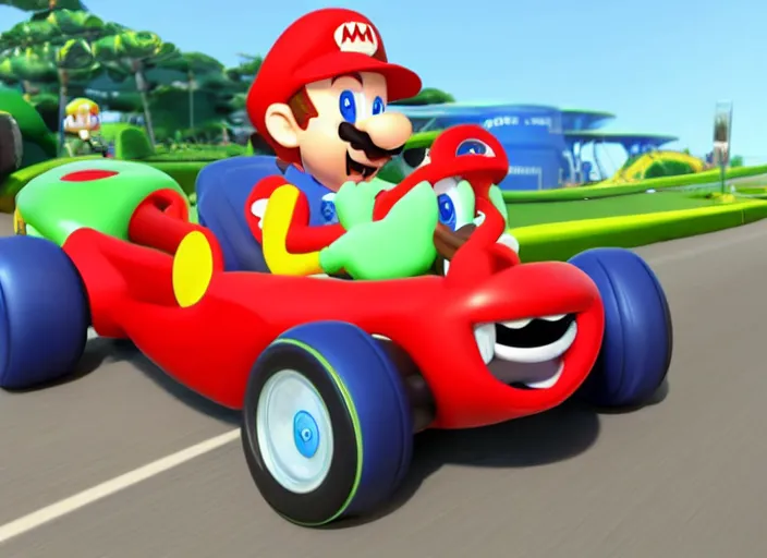 Prompt: steve buscemi driving a little tikes cozy coupe, movie still, from the new mario kart game, 8 k, realistic
