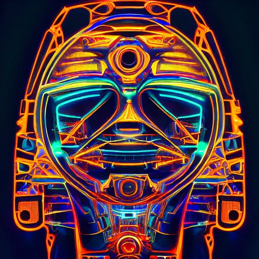 Prompt: hyperdetailed portrait of a cyberpunk aztec futurism robot head, 8 k, symetrical, flourescent colors, halluzinogenic, multicolored vector art, black background