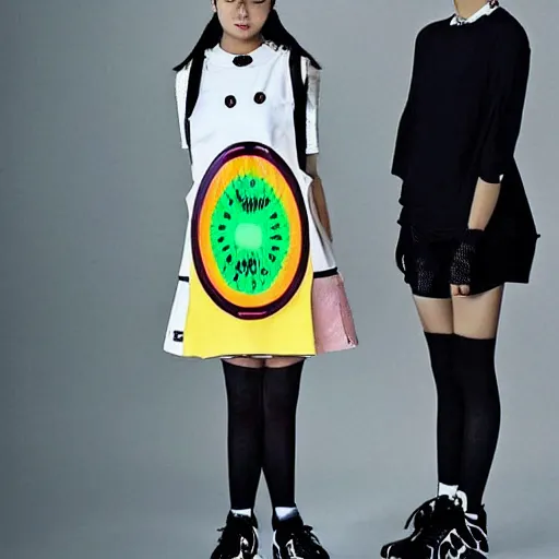 Image similar to fruits magazine steetwear photo of cute cool fashion worn by teens teens in the far future, futuristic!!! haute couture fashion!!!!, nanotechnology cybernetics!!! solar power prosthetic, style of ai yazawa