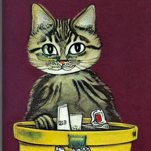 Image similar to trash can cat by louis wain