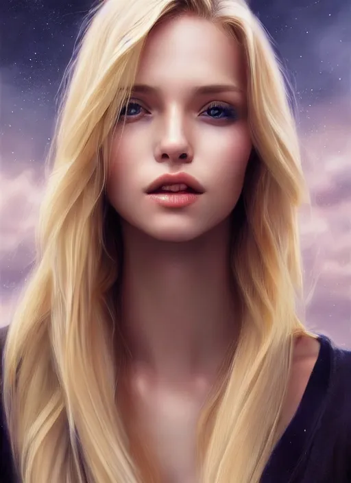 Image similar to image of a gorgeous female with long blonde hair in the style of stefan kostic, realistic, full body shot, wide angle, sharp focus, 8 k high definition, insanely detailed, intricate, elegant, art by stanley lau and artgerm, floating embers