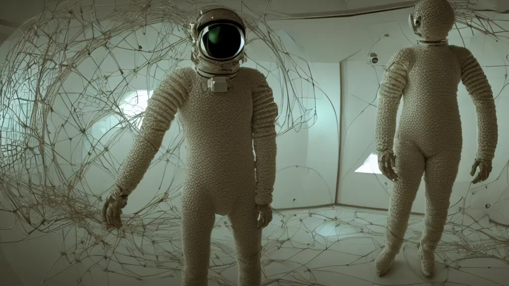 Image similar to a cybernetic symbiosis of a single astronaut eva suit made of pearlescent wearing knitted yarn thread infected with diamond 3d fractal lace iridescent bubble 3d skin covered with stalks of insectoid compound eye camera lenses floats through the living room, film still from the movie directed by Denis Villeneuve with art direction by Salvador Dalí, wide lens,