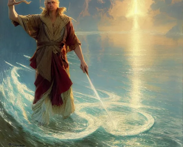 Image similar to attractive male wizard casting powerful giant tsunami spell in a beautiful lake. highly detailed painting by gaston bussiere, craig mullins, j. c. leyendecker 8 k