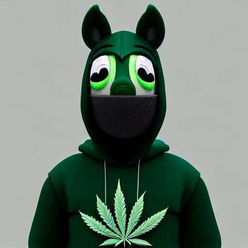 Prompt: a stoner with a black hoodie on with a marijuana themed dark green pony head from my little pony, 3 d, blender 3 d, render, extremely detailed, 8 k
