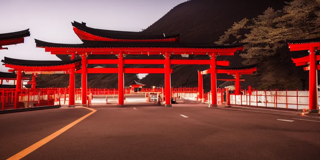 Prompt: A night photo of a american yellow school bus entering a Red Japanese Torii gate at Mount Fuji location in Japan, time travel, 4K, global illumination, ray tracing