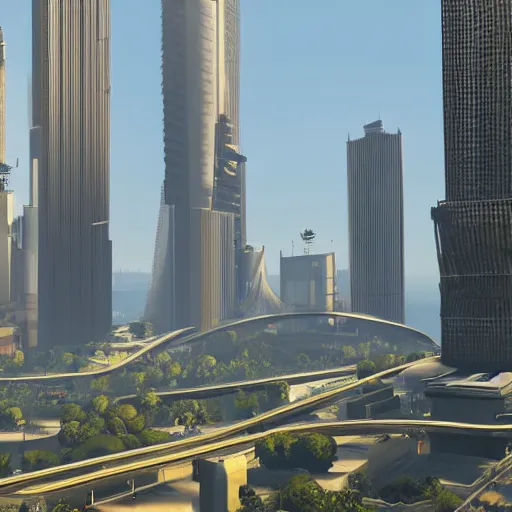 Prompt: a dystopia skyscraper as a background for grand theft auto 5 loading screen, very detailed, high quality photo, designed by zaha hadid, sculped by Norman foster