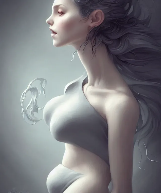 Image similar to cute sculptor wearing halter top by charlie bowater and anna dittmann and artgerm and clemens ascher, portrait, intricate, face, workshop, flowing hair, grey eyes, elegant, white mist, highly detailed, dramatic lighting, sharp focus, trending on artstation, artstationhd, artstationhq, unreal engine, 4 k, 8 k