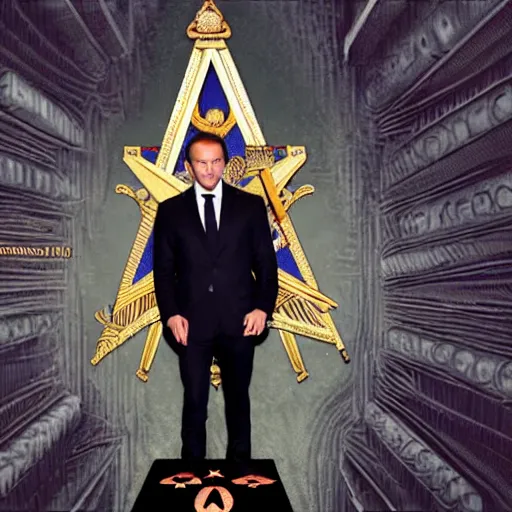 Image similar to emanuel macron hacking his way to illuminati council, freemason, epic, esoteric, matte painting, ultra detailled