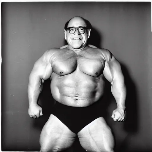 Prompt: photograph of danny devito as a professional bodybuilder, happy facial expression, black and white photograph, 3 5 mm
