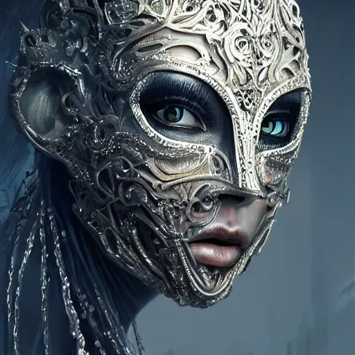 Image similar to Very very very very highly detailed epic photo of face with venetian mask, intricate, dystopian, sci-fi, extremely detailed, digital painting, artstation, concept art, smooth, sharp focus, illustration, intimidating lighting, incredible art by Tokujin Yoshioka and Artgerm and Anton Pieck