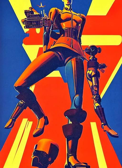 Prompt: soviet propaganda poster art. powerful cyberpunk pilot. portrait by jean giraud and anton otto fischer and john philip falter and will eisner and gil elvgren and pixar. full body. realistic proportions. science fiction d & d. overwatch, rb 6 s, cyberpunk 2 0 7 7, blade runner 2 0 4 9. cel shading. thick lines.