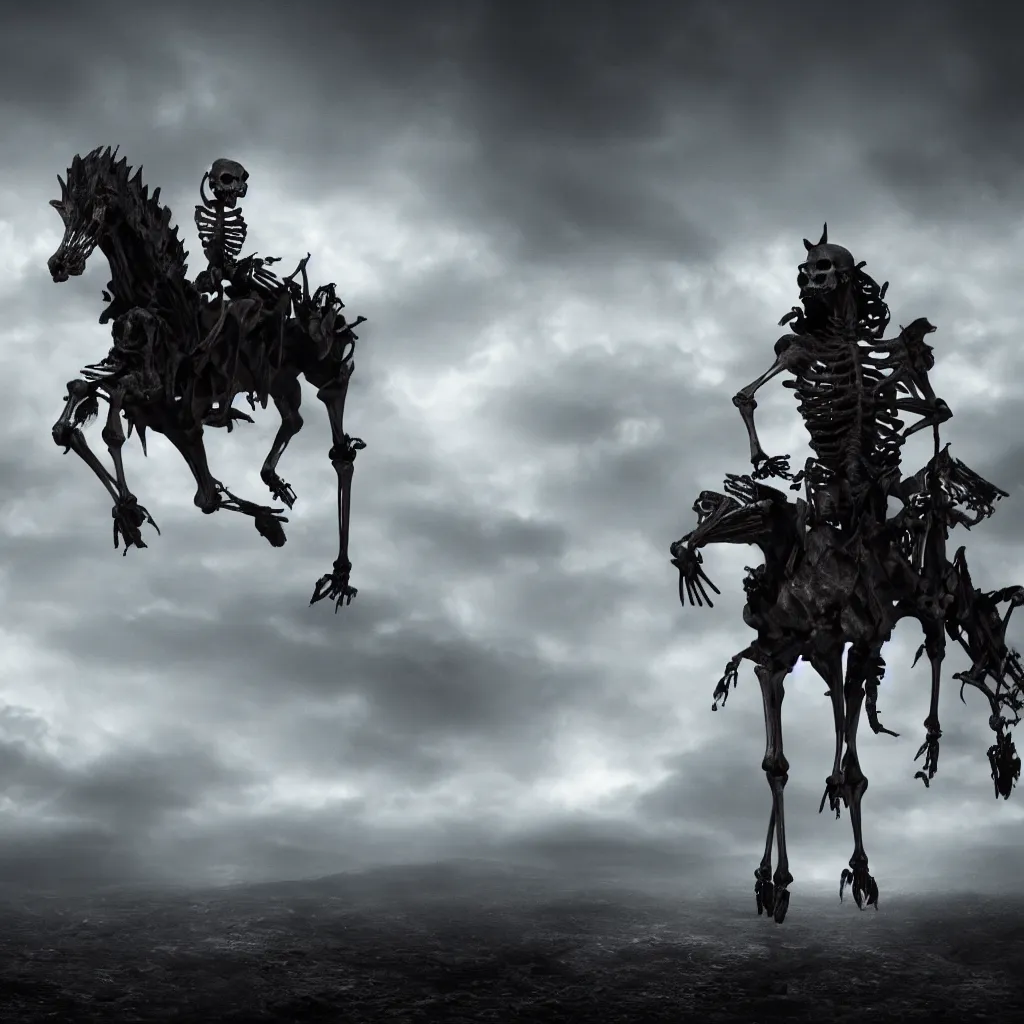 Image similar to a skeleton on a horse in the abyss, dark and mysterious, stopped in time, atmospheric, ominous, eerie, cinematic, epic, 8 k, 4 k, ultra detail, ultra realistic