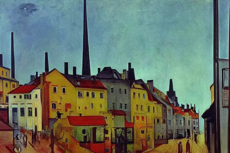 Image similar to unique shops, apartment towers, and cute townhouses along a city street, oil painting by edvard munch, stanislaw beksinski