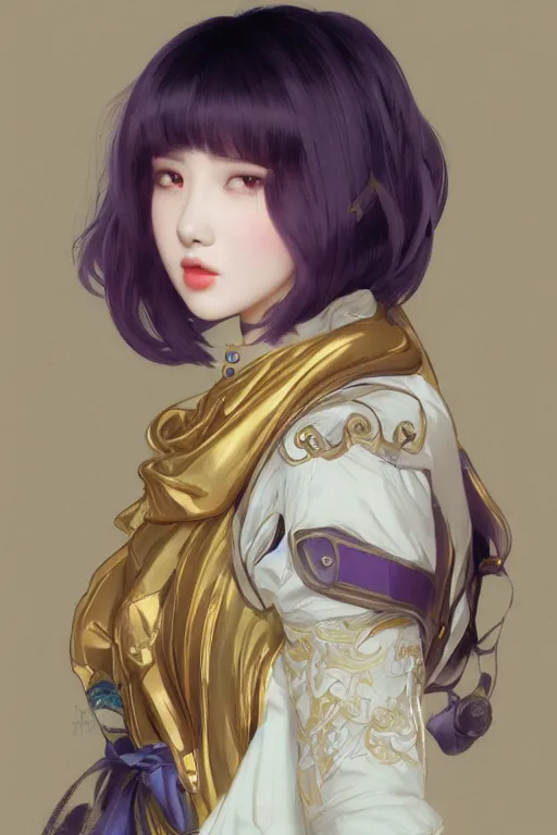 Prompt: Full View of Eunha from Viviz and gFriend with short hair wearing a purple military uniform and puffy silk shorts, white leggings, Golden Ribbon, and a billowy scarf. masterpiece 4k digital illustration by Ruan Jia and Mandy Jurgens and Artgerm and WLOP, award winning, Artstation, art nouveau aesthetic, Alphonse Mucha background, intricate details, realistic, panoramic view, Hyperdetailed, 8k resolution, intricate art nouveau