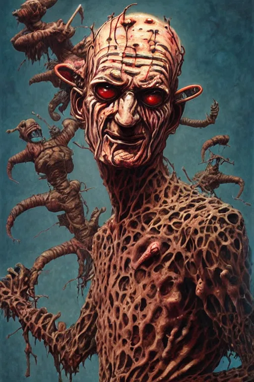 Image similar to portrait of freddy krueger in the style of wayne barlowe, gustav moreau, peter mohrbacher, bussiere, roberto ferri, santiago caruso, luis ricardo falero, frazetta