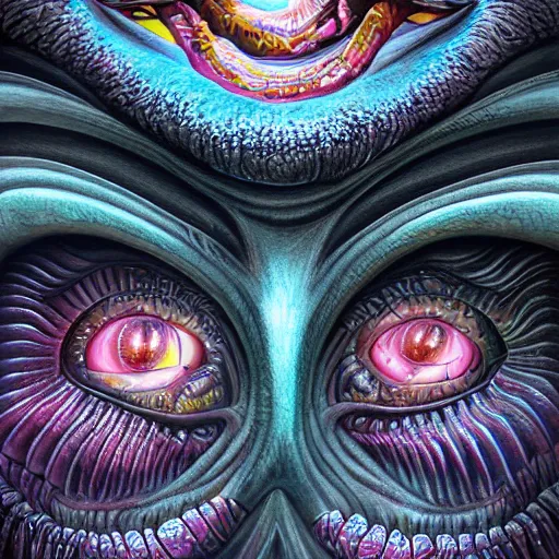 Image similar to dark fantasy, 4 k, textured 3 d, intense detail, dark psychedelic, one eye in center of hideous monster, amazing background, alex grey style