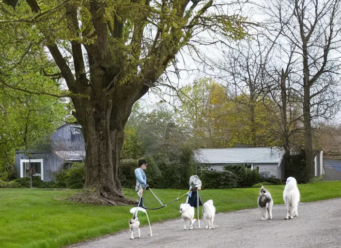 Image similar to the sour, dour, angry lady is walking her three tiny white dogs on leashes, looking down. she has gray hair. the old lady is wearing a long gray cardigan and dark pants. green house in background. large norway maple tree in foreground. view through window, across the road