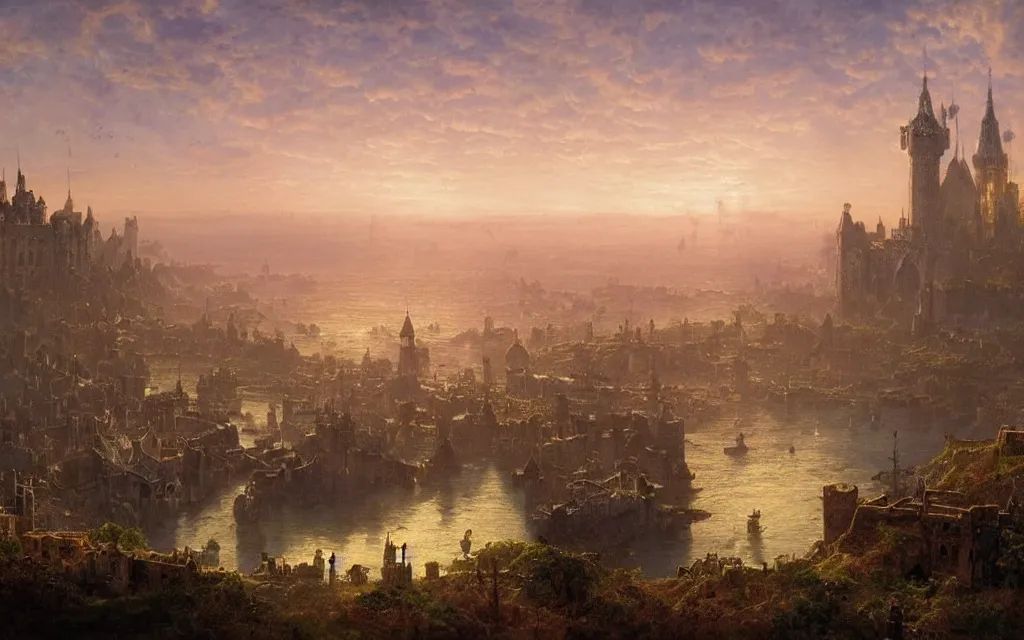 Prompt: large sprawling medieval city at dawn, steampunk, ocean in the distance, distant castle on a hill, cinematic lighting, intricate ink illustration, by albert bierstadt