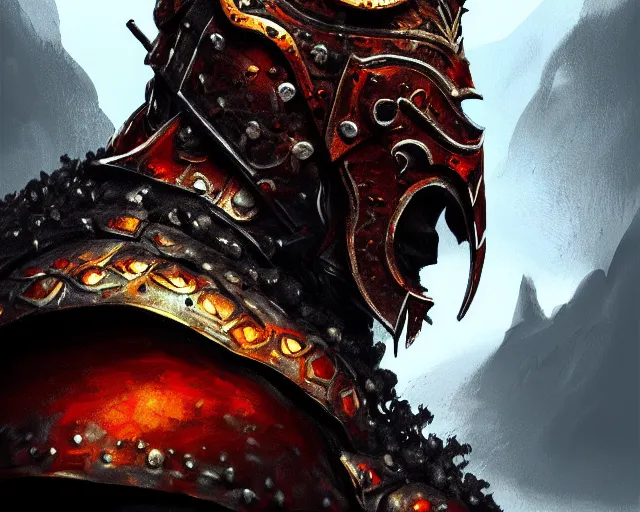 Image similar to realistic side view painting of a king in the mountain, angry, beautiful face, black iron armour, sword, lava, dramatic lighting, intricate, wild, highly detailed, digital painting, artstation, concept art, smooth, sharp focus, illustration