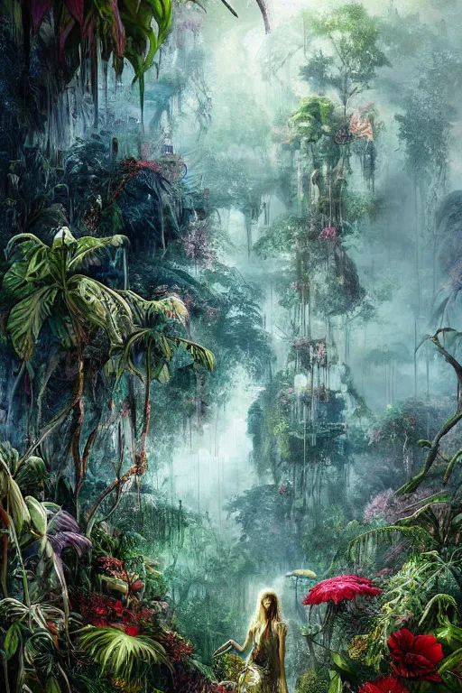 Prompt: the beauty of the jungle painted by mahmoud farshchian, mia brownell, very detailed, maximalism, ambient occlusion, volumetric light, atmospheric haze, hyper realism, cyberpunk shading, cinematic composition, realistic render, photorealistic, wide shot