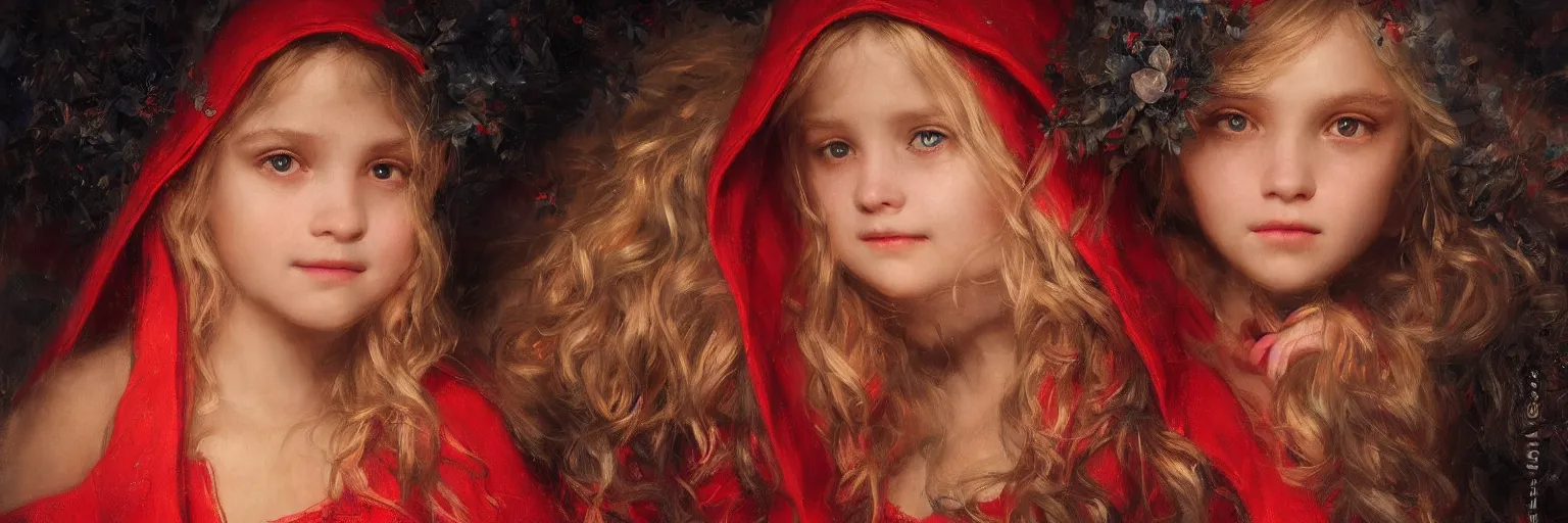 Image similar to portrait of a beautiful young girl wearing a red cloak in the nigh, extremely realistic and highly detailed painting by gaston bussiere and j. c. leyendecker 8 k, sharp focus, octane render, dramatic volumetric lighting and extremely realistic faces